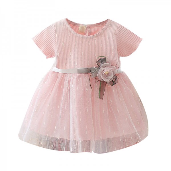 Φόρεμα κοντομάνικο με τούλι και λουλούδι, ροζ